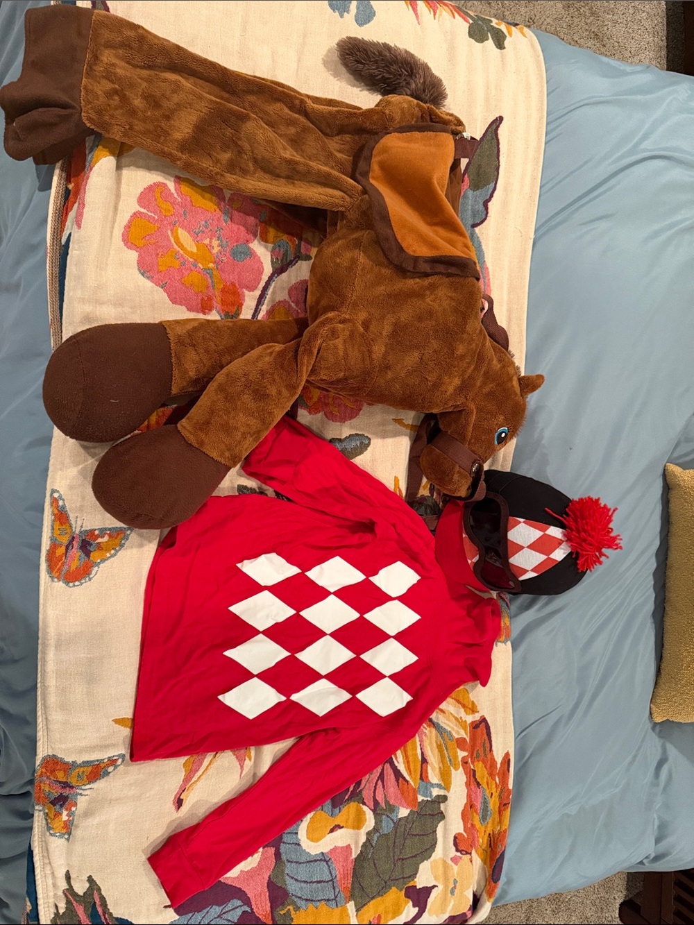 Kids Red Harlequin Jockey Costume Set with Horse Plush